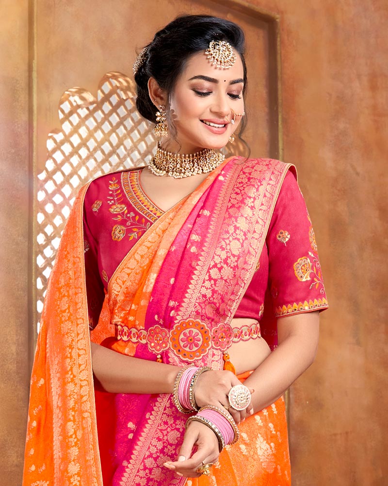 Buy the elegant Hot Pink And Orange Banarasi Saree - Karagiri